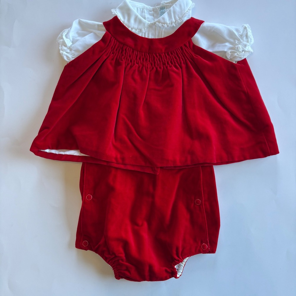Vintage Cherubs Infant 12M Red White 3 Piece Set Holiday Christmas Bloomers Lace